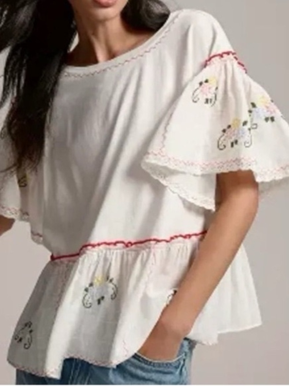 Anthropologie Petite White Peplum Embroidered Top